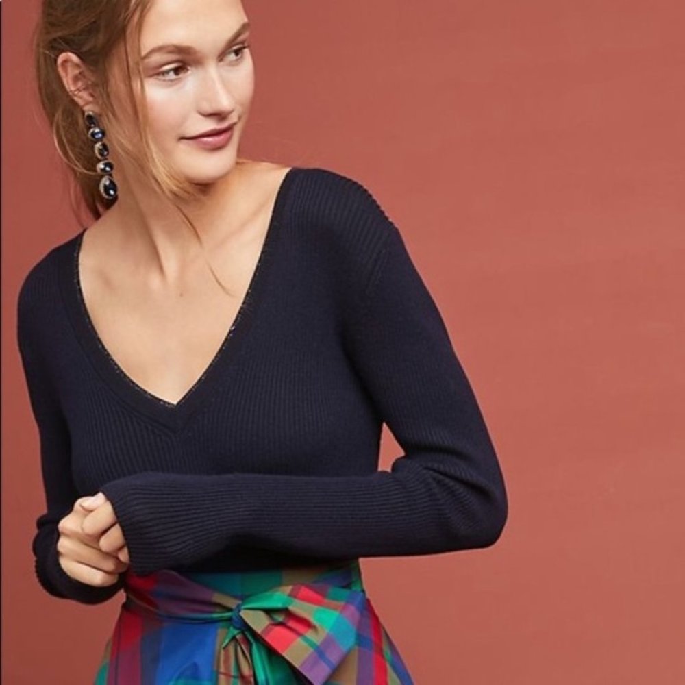 NWT Anthropologie Moth Navy Ribbed Sweater with Metallic Neckline